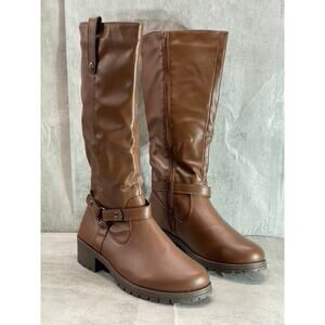 OLIVIA MILLER Women's Dark Brown Faux Leather Kristen Riding Knee-High Boots